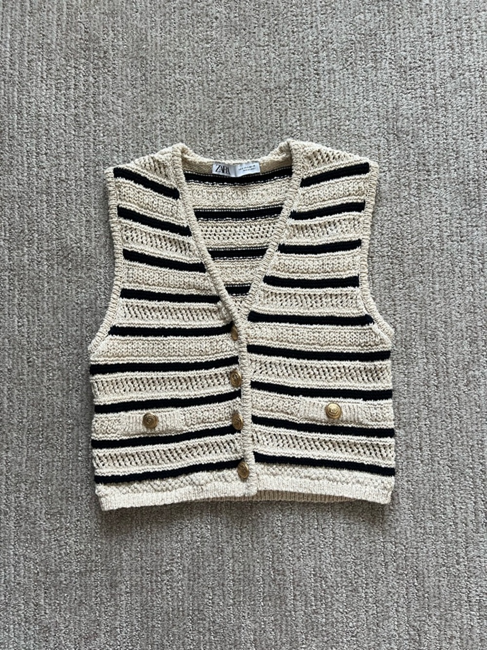 Zara Cream and Black Striped Crochet Vest